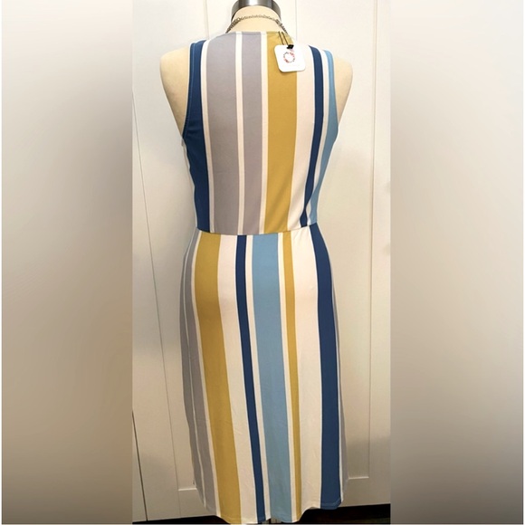Wrap V Neck Dress Sz Large Stripe Blue Cream & Mustard Yellow NEW! FIRM! - Picture 4 of 5